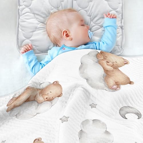 Image of vvfelixl Baby Blanket Teddy Bears Clouds Cotton Blanket for Infants, Toddler, Boys, Girls, Lightweight Swaddle Blanket for Crib, Stroller, Nursery Blankets, Good Night, 30x40 in