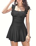 SHEKINI Women's Ruffled Bandeau One Piece Skirt Swimsuit Ruched Retro Swimdress Tummy Control Bathing Suit (Black,Medium)