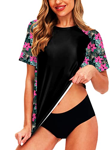 Aobute Women Short Sleeve Rash Guard Spf Beach Tropical Floral Printed Swim Shirt Pink Floral M #TOP5