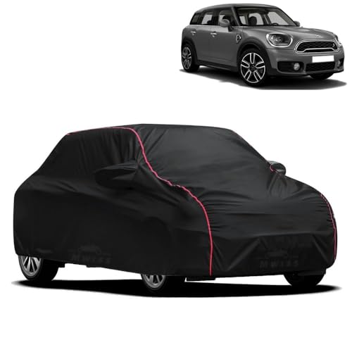 Image of Waterproof Car Cover for Countryman Coupe | All-Weather Protection, Dustproof & UV Resistant | Triple Stitched Mirror Pockets, Windproof Buckle Strap with Elastic Hem, Black-Red Piping