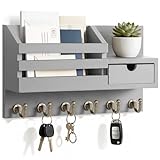 FifthQuarter Key and Mail Holder for Wall, Mail Organizer Wall Mount with 6 Hooks and Storage Drawer, Easy Installation Key Rack for Entryway and Home Decor (A-Grey)