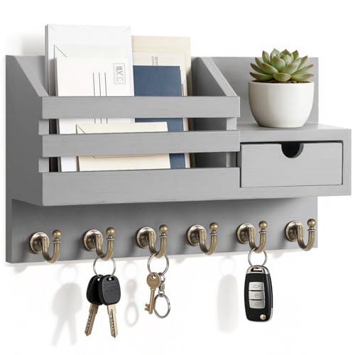 FifthQuarter Key Holder for Wall with Drawer and 6 Sturdy Hooks, A-Grey | Cute Rustic Farmhouse Wooden Key Rack, Reliable Entryway Doorway Organizer for Keys and Daily Essential, Easy Installation