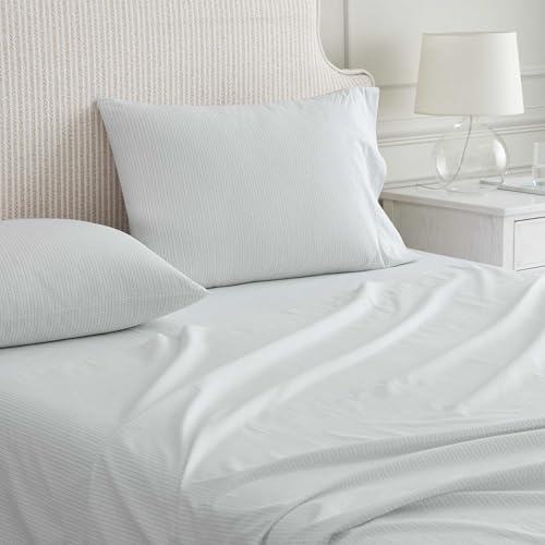 Image of Martha Stewart - Full Size Sheet Set, Crisp & Tailored Bedding with a Smooth Cotton Percale Feel, Deep Pocket, Bed Sheets with Matching Pillowcases & Fitted Sheet (Dotted Stripe Green)