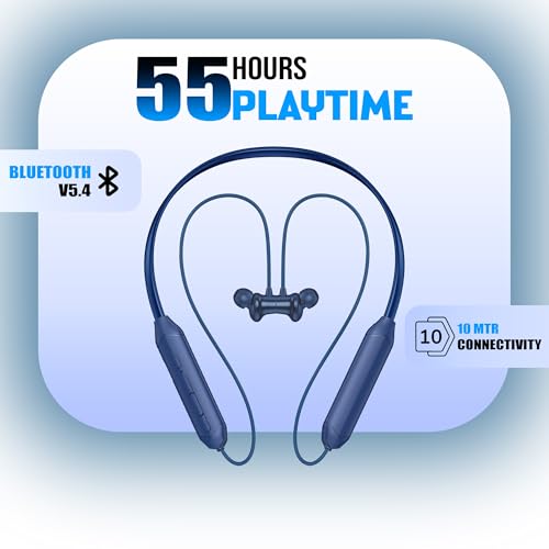 Image of Kratos Blue Bluetooth Neckband with 55H Playtime, Deep Bass, Stereo Sound, HD Calls, Magnetic Earbuds, Voice Assistant, Type-C Fast Charging, Rich Audio, Hollow Switch for Comfort & Style