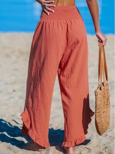 CUPSHE Women Pants Smocked Waist Straight Leg Ruffle Cuffs Loose Fit Pant Casual Beach3