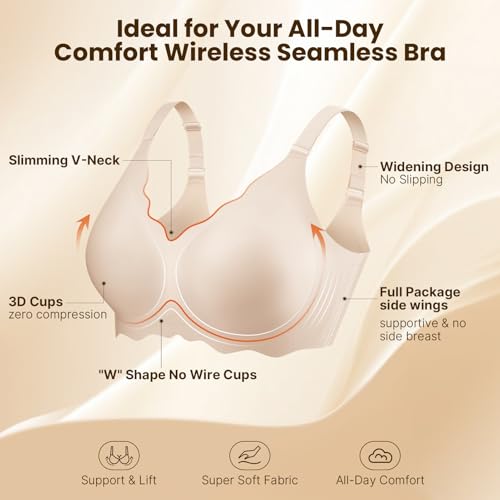 PQK Bras No Underwire for Women Comfortable Wireless Seamless T Shirt Bras Wavy Edge Full Coverage Push Up Bra (Size M Nude) — view 6