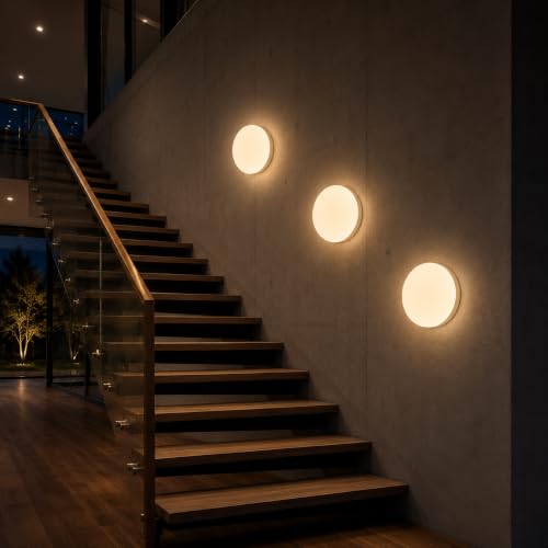 Image of OLIPS LED Bulkhead Light IP54 Waterproof Indoor /Outdoor Wall & Ceiling Light - Weatherproof, Shock Proof, Slim Plastic Surface-Mounted Fixture (18 WATT Round (Warm White), 2)