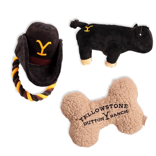 design LAB, Inc. Official Yellowstone Merchandise | Dutton Ranch Toy Bundle - Variety Gift Set | Toys Include Plush Cow, Bone Shaped Squeaky Plush, and Cowboy Hat with Tug Rope for Dogs