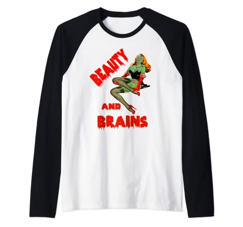 Zombie Pin Up Girl Halloween Beauty Brains modello dolce Maglia con Maniche Raglan