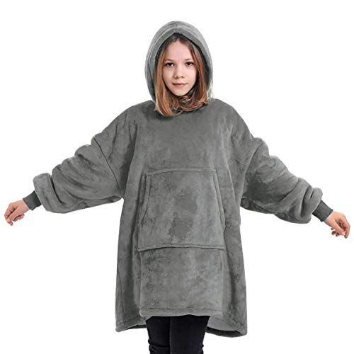Couverture à capuche pour enfants, surdimensionnée, robe de chambre en polaire super douce, robe de chambre chaude et confortable,couverture surdimensionnée en microfibre et sherpa,taille unique-Gris Cover
