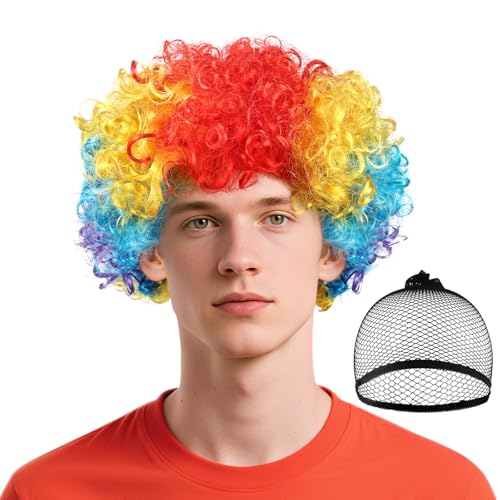 BSBUY Afroperücke Herren Lockenperücke Disco Clownperücke Regenbogen