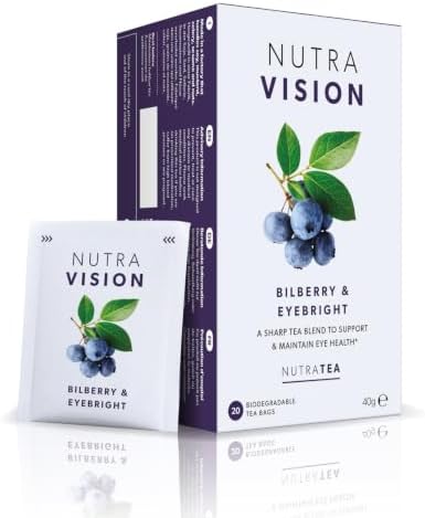 Nutra Tea NUTRAVISION - Eye Support Tea | Eye Care Health Supplement Teabags - Includes Eyebright, Bilberry & Green Tea - 20 Individually Wrapped Bags - Herbal Infusion (1 Pack)