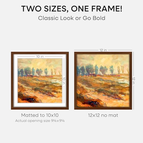 Image of Homeforia 12x12 Frame Brown Wood, High End Dark Oak 12 x 12 Square Picture Frame with Mat 10 x 10 for Photo, 12by12 Wooden Walnut Poster Frame Matted to 10x10 Print, Tempered Glass, Wall Kit, Set of 3