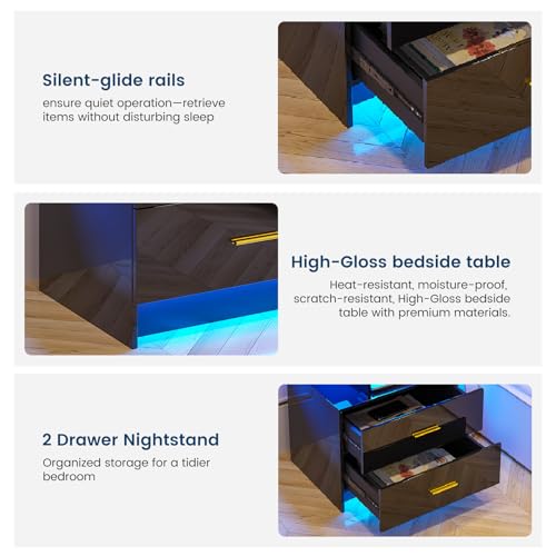 Image of HNEBC Auto LED Nightstand with Wireless Charging Station & USB Ports,High Gloss Bedside Tables with 2 Drawers,Floating Nightstand with 3 Color & Adjustable Brightness for Bedroom,Black