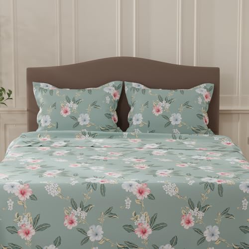 Image of Layers 100% Cotton Bedsheet for Double Size Bed | Lumina Floret Collection | 144 TC Soft & Breathable | Printed with 2 Pillow Covers | Wrinkle Free & Colorfast | 3 Piece Bedding Set - Grey & Pink