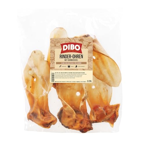 DIBO Rinderohren mit Muschel, 5er-Beutel, der kleine Naturkau-Snack oder Leckerli für Zwischendurch, Hundefutter, Qualitätskauartikel ohne Chemie