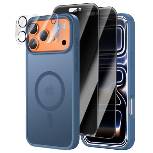 [4 in 1] Magnetic for iPhone 17 Pro Case, 2 Pics Privacy Screen Protectors and 1 Pic Camera Protector, Fit for MagSafe, Military Grade Shockproof Translucent Matte 17 Pro Cover 6.3" (Dark Blue)