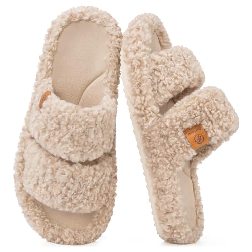 EverFoams Womens Fuzzy Open-toe Slippers Soft Comfy Memory Foam Indoor House Shoes Vintage Khaki, 9-10 US