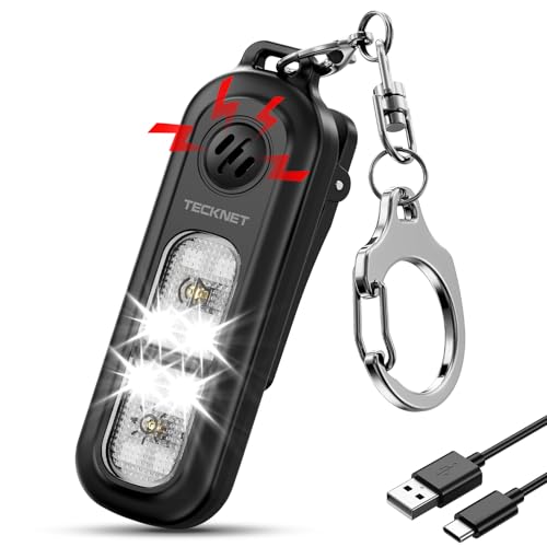 TECKNET Taschenalarm für Frauen, 135dB Persönlicher Alarm mit Stroboskoplicht, IPX4 Wiederaufladbare Sirene mit Schlüsselanhänger, Lauter Alarm für Frauen unterwegs, Kinder, Senioren, Schwarz
