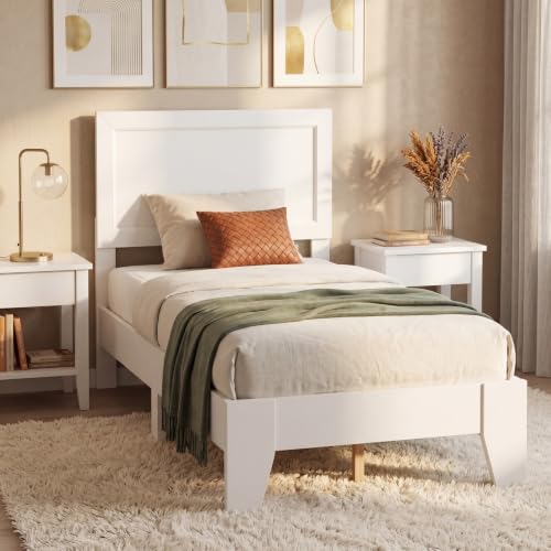 Image of GIANTEX Twin Size Wooden Bed Frame with Headboard, Wood Slat Support | Modern Platform Bed with Heavy Duty Mattress Foundation, Under-Bed Storage, No Box Spring Needed, Easy Assembly (White)