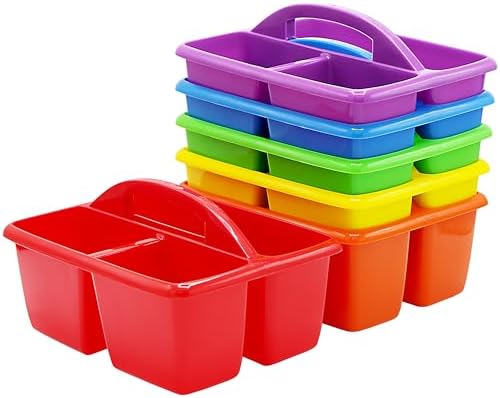 4E's Novelty Classroom Caddy Set of 6, Plastic Caddies for Supply, Caddy Organizer with Handle for Classroom, Rainbow Colors, Desk Caddies for Supplies Keep Desks and Work Stations Organized