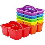4E's Novelty Classroom Caddy Set of 6, Plastic Caddies for Supply, Caddy Organizer with Handle for Classroom, Rainbow Colors, Desk Caddies for Supplies Keep Desks and Work Stations Organized
