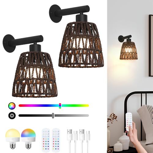 Image of Boho Battery Operated Wall Sconce Set of 2, Brown Rattan Rechargeable Wall Lights with Dimmable Bulbs and Remote,15 Colors Wireless Wall Lamps for Bedroom Living Room Hallway Decor