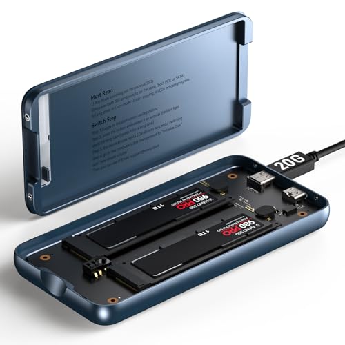 Dual Bay Raid SSD Enclosure: 2280 M2 Hard Drive Enclosure with Clone Mode & Raid 0/1 & JBOD Mode, 20Gbps Compatible to PCIe NVMe Harddrive Cloning HDD, Offline Duplicator
