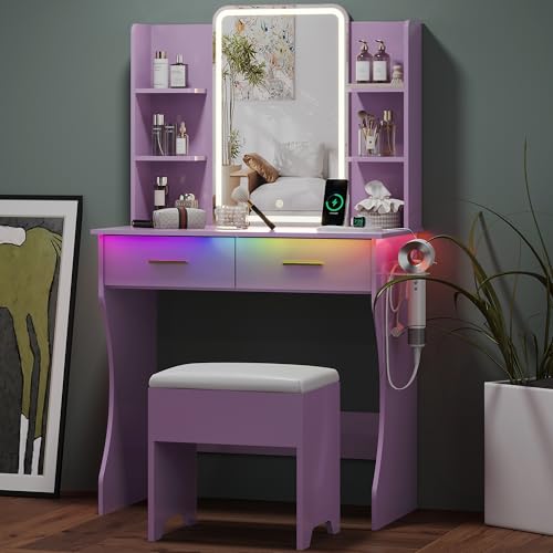 Image of Small Vanity Desk with Mirror and Lights, Makeup Vanity with LED Lights, Purple Vanity Mirror with Lighted Desk and Chair, 3 Lighting Adjustable Compact Dressing Table with Mirror for Women, Girls