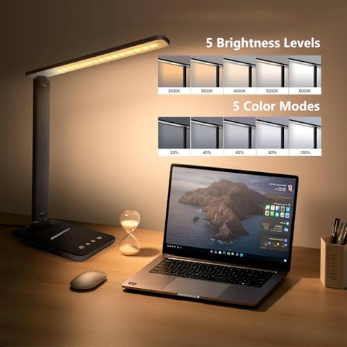 Image of ELEPHANTBOAT LED Desk Lamp Study Lamp 5-Color Dimmable LED Desk Lamp with Dual Power Output Ports, Folding Bar Light, Touch Button Control