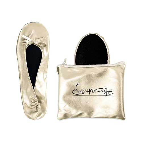 SOHUPAC Zapatos planos plegables para mujer, zapatos planos de ballet portátiles enrollables con bolsa de viaje para bailarina de boda, Dorado champán, XX Large Narrow