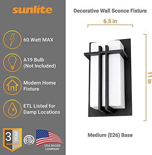 Image of Sunlite 46092 Decorative Square Wall Sconce Light Fixture, A19 Bulb, E26 Socket, 60 Watts Max (Bulb not Included), Indoor, Opal Shade, Matte Black Frame, Bathrooms, Hallways & Entryways