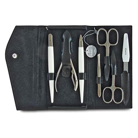 Nippes Solingen Manicure Set 7 Pieces Genuine Cowhide Leather Case with Press Stud Fastener Nippes Premium Line Black/Brown Cover