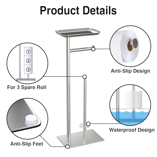 Toilet Paper Holder Stand with Top Storage Shelf, Silver Toilet Paper Roll Holder Free Standing, Floor Standing Toilet Roll Dispenser Storages 4 Reserve Rolls, CAA75CH046 by niffgaff - Image 3