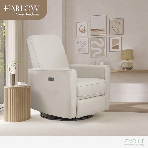 Image of Evolur Harlow Upholstered Power Glider Recliner with USB Charging - Rocking & 275 Swivel with Smooth Glide - Greenguard Gold & FSC Certified - Modern Nursery and Living Room Chair in Light Sand