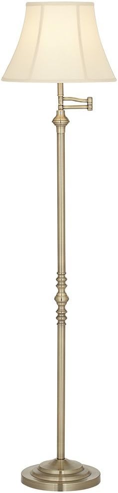 Regency Hill Montebello Traditional Adjustable Swing Arm Floor Lamp Standing 60" Tall Antique Brass Metal Column Golden Tan Bell Shade for Living Room Reading House Family Bedroom Home