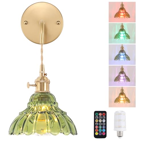 Image of Shenmoyl Battery Operated Wall Sconce Wall Lamp with Green Lily of the Valley Shade Pattern Glass Adjustable Chain Retro Gold Wall Mounted Light, Modern Wall Lamp Fixtures Decor for Bedside Bedroom