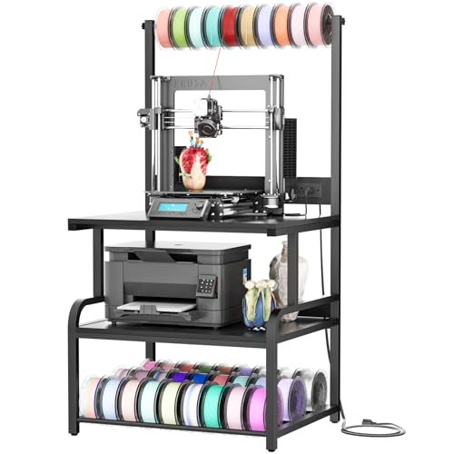 Homieasy Printer Stand with Charging Station, 29.1" x 22.8" Large 3D Printer Table with Filament Storage, Heavy Duty Rolling Printer Cart with 4-Tier Storage for Workshop/Office/Garage, Black