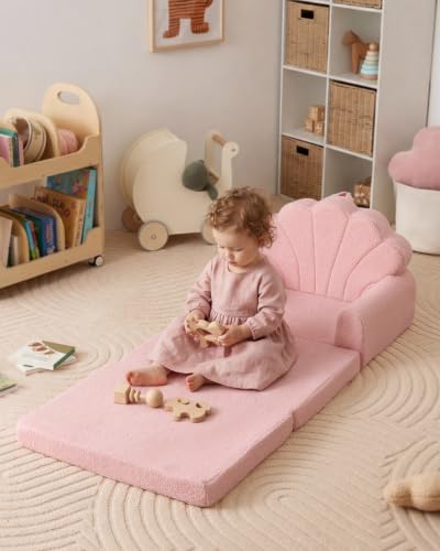 Image of Blissful Diary Foldable Kids Couch, 2-in-1 Kids Sofa Chair, Pink Shell | 50.8 inch Fold-Out Play Area, Supportive Foam, Washable Cover, Carry Handle, Pre-Assembled, Kid-Safe Zipper