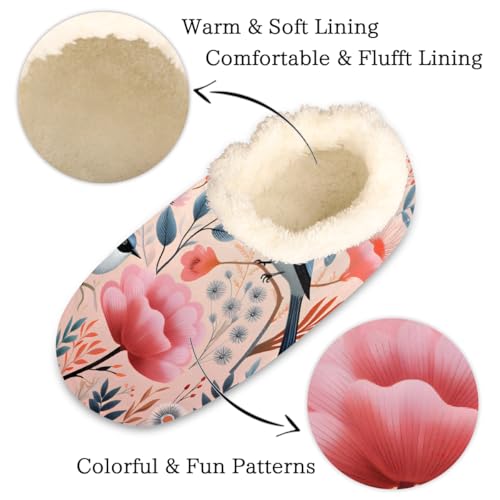 Cute Birds Pink Flowers Slippers for Women Slipper Socks Soft Fuzzy House Slippers Shoes for Indoor Bedroom, Winter Cozy Christmas Gifts2