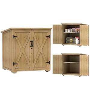 Outsunny Gartenschrank Holz, Geräteschrank, Outdoor wetterfest Geräteschuppen, Holzschrank mit Doppeltür, Mehrzweckschrank für Garten, Balkon, Natur