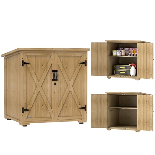 Outsunny Gartenschrank Holz, Geräteschrank, Outdoor wetterfest Geräteschuppen, Holzschrank mit Doppeltür, Mehrzweckschrank für Garten, Balkon, Natur