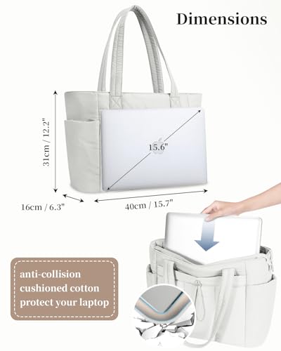 Image of Puffer Tote Bag for Women Handbag Nurse Bag with Cup Holder & Laptop Compartment & Trolley Sleeve for Work Travel Beige