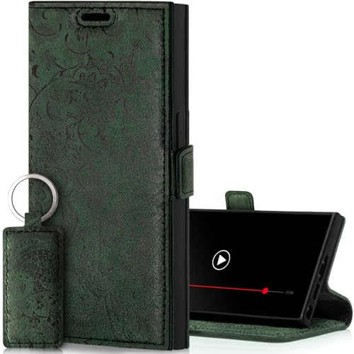 Étui en cuir véritable Samsung S24 Ultra SURAZO motif floral vert chic