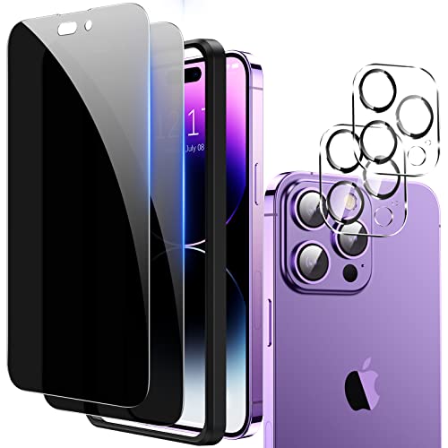 Fotbor Privacy Screen Protector for iPhone 14 Pro with Camera Lens Protector [2+2 Pack], with Easy Installation Kit, Anti Spy Private Full Coverage Tempered Glass Film 6.1Inch, Bubble Free
