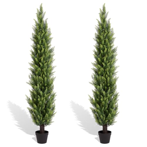 6FT Artificial Cedar Topiary Trees Set of 2 - Realistic Faux Pine Shrubs with UV Resistant for Outdoor Planter Decor, 6 Feet Potted Fake Cypress Plants for Porch, Front Door, Patio Decoration UV Rated