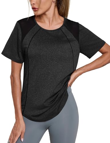Terecey T-Shirt de Sport Femme à Manches Courtes avec Dos Creux et Maille Respirante Haut de Fitness Femme Séchage Rapide pour Running Yoga et Entraînement