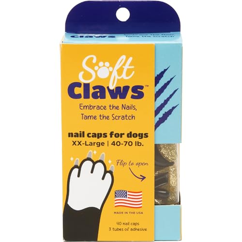 Image of Soft Claws Dog Nail Caps, 40 XX-Large Nail Caps, Made in USA - Vet Developed, Safe & Non-Toxic Easy to Apply Claw Covers | Protects Furniture & Skin, Black & Gold Sparkle