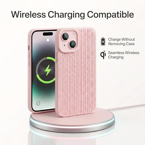 Image of amazon basics Luxury 3D Knitted Texture Soft Silicone Back Cover for iPhone 14 | Slim Fit Shockproof Case with Camera Protection & Non-Slip Grip - Pink