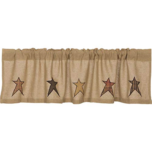 VHC Brands Stratton Burlap Applique Star Valance 16x60 Country Curtain, Tan